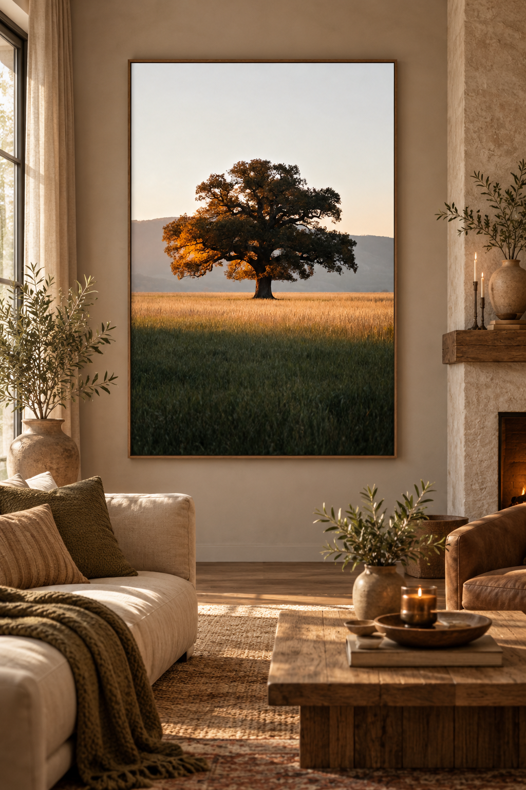 Oak Tree Wall Art: Autumn Countryside Landscape Photography, Golden Hour Nature Decor Printable