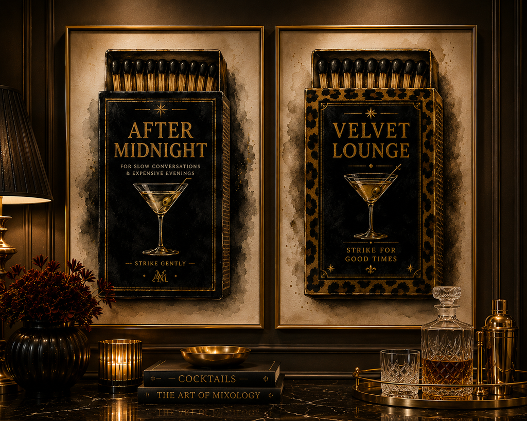 Vintage Cocktail Matchbox Wall Art Set of 5: Dark Feminine Luxury Printable Decor Collection