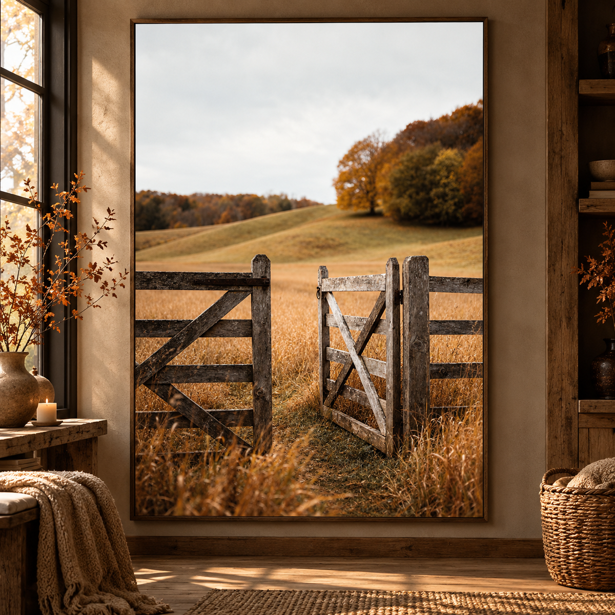 Autumn Countryside Wall Art: Wooden Gate Meadow Landscape Photography Printable