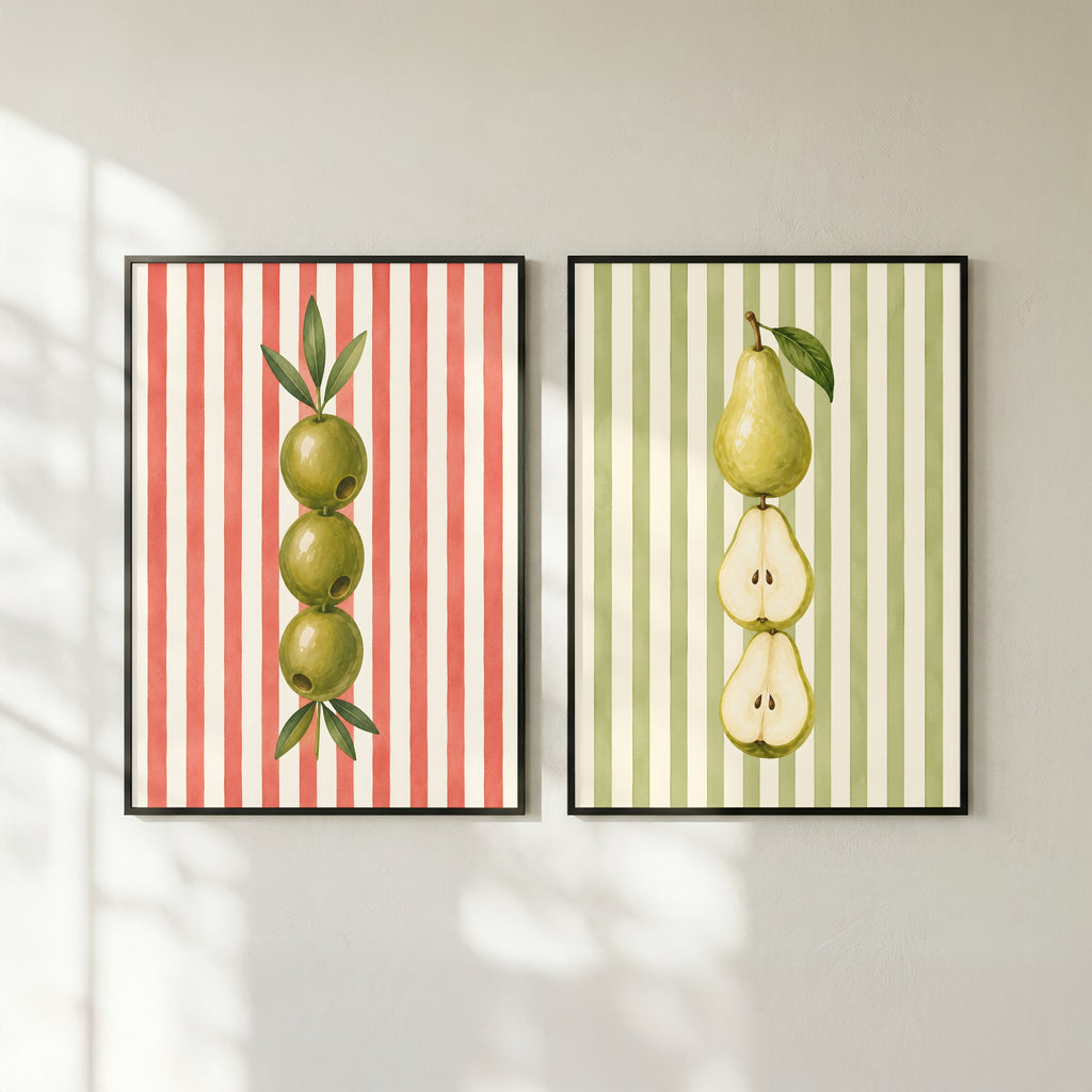Striped Fruit Wall Art Set of 6: Colorful Modern Kitchen Decor, Lemon Cherry Printable