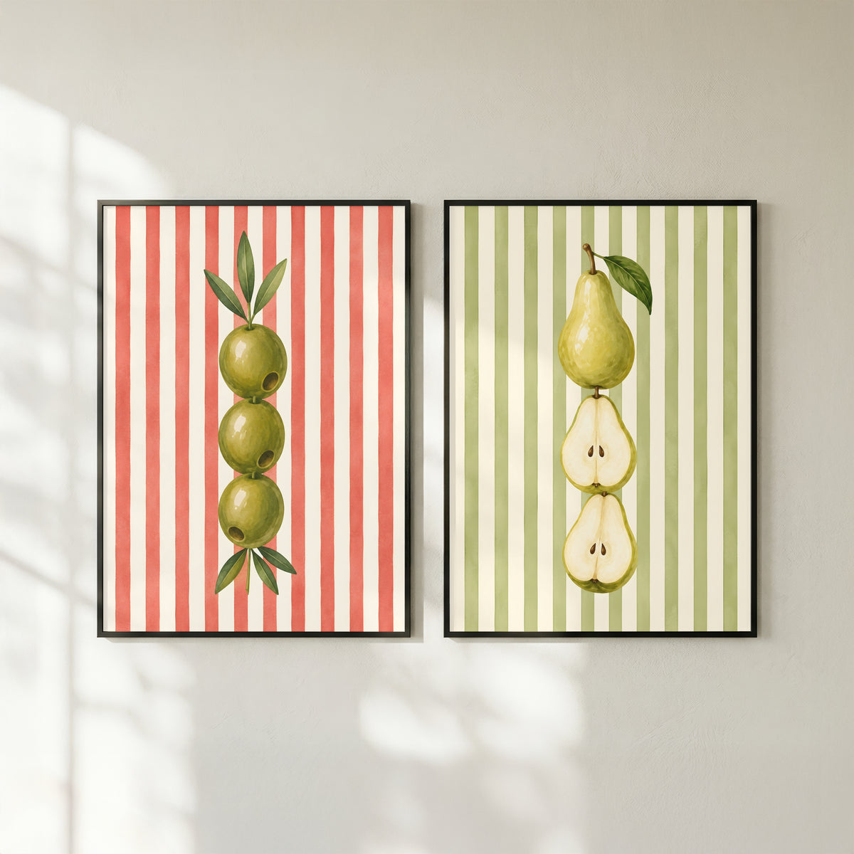 Striped Fruit Wall Art Set of 6: Colorful Modern Kitchen Decor, Lemon Cherry Printable
