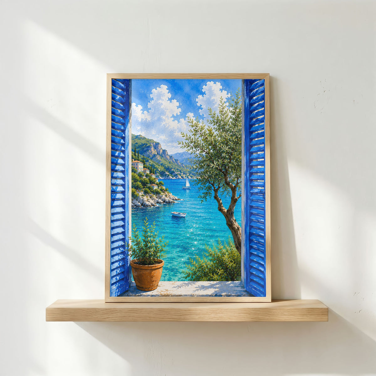 Mediterranean Window Wall Art Set of 3: Blue Shutters, Lemon Trees & Coastal Views Printable
