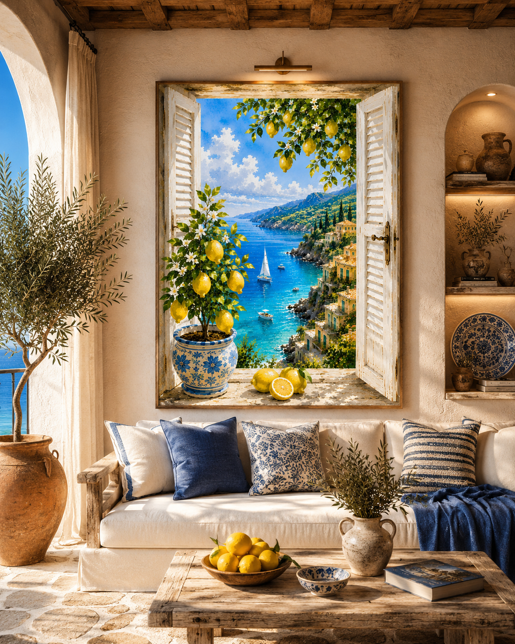 Mediterranean Window Wall Art Set of 3: Amalfi Coast Lemon Trees & Coastal Views Printable