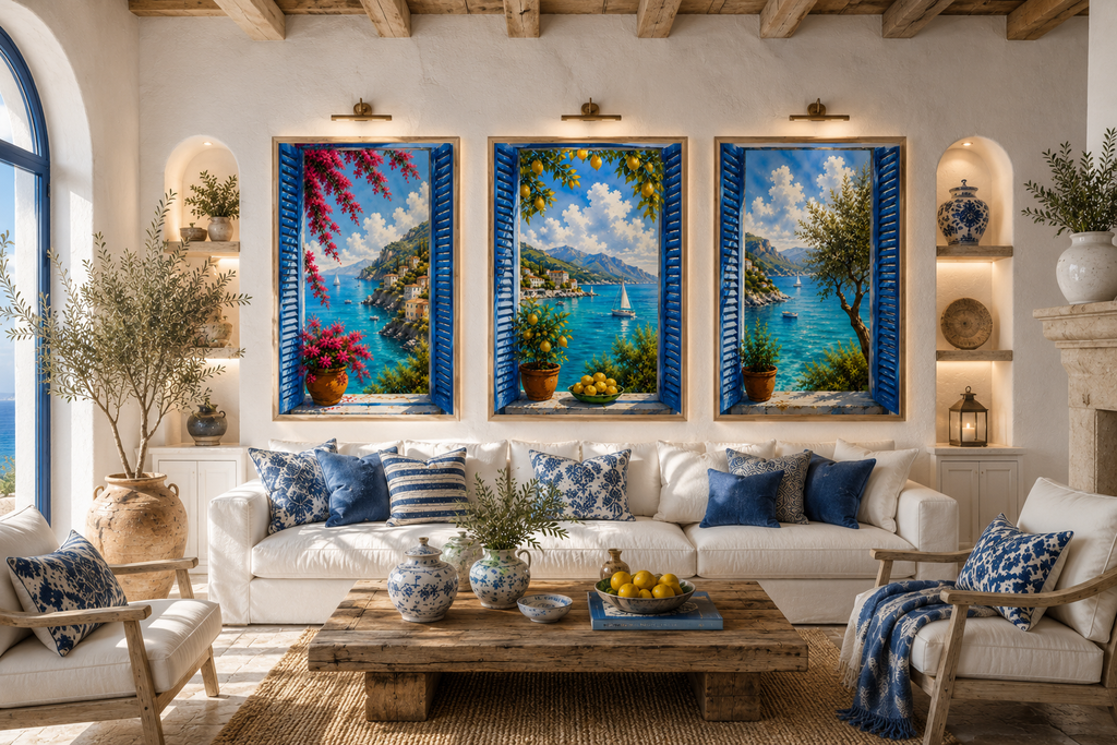 Mediterranean Window Wall Art Set of 3: Blue Shutters, Lemon Trees & Coastal Views Printable