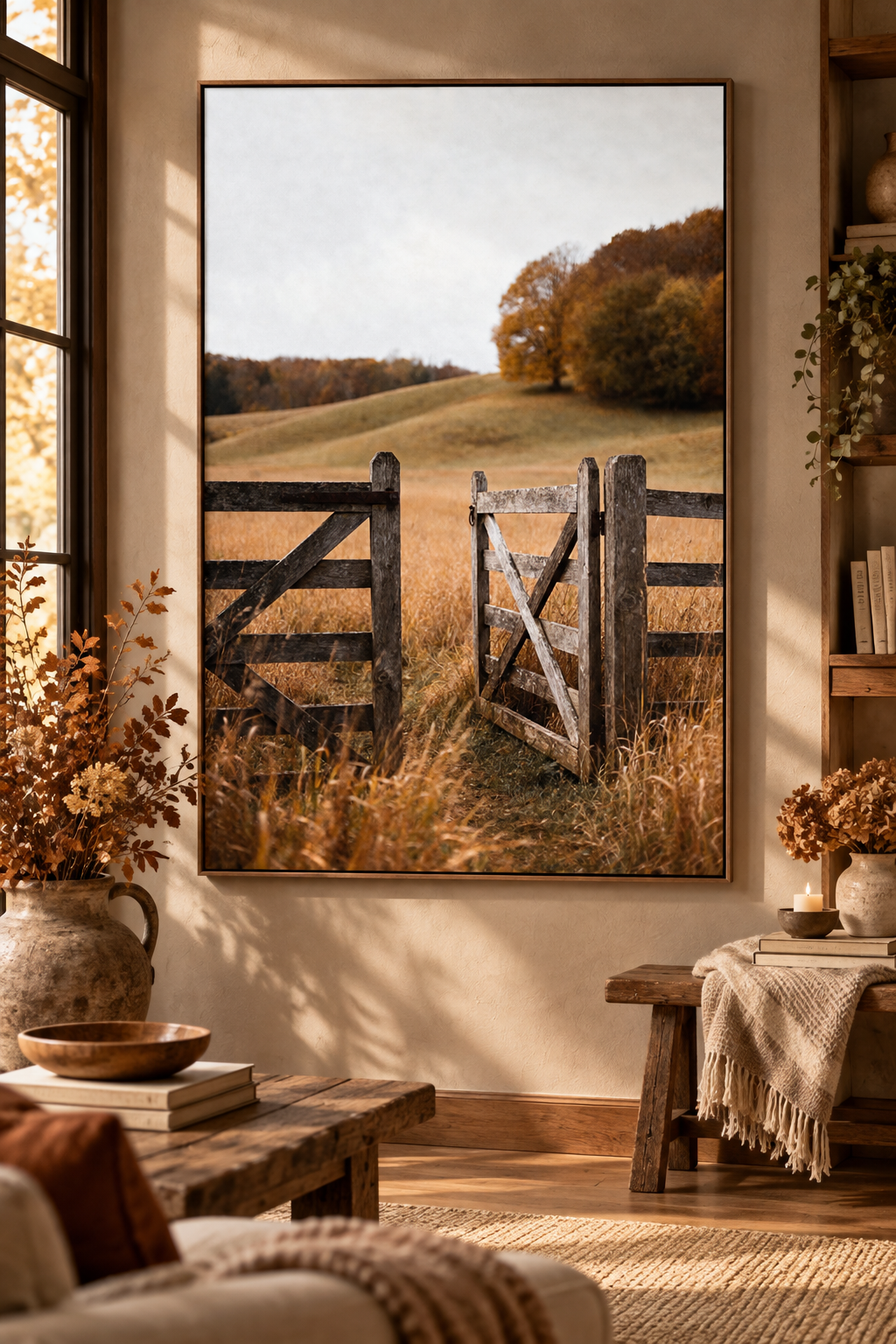 Autumn Countryside Wall Art: Wooden Gate Meadow Landscape Photography Printable