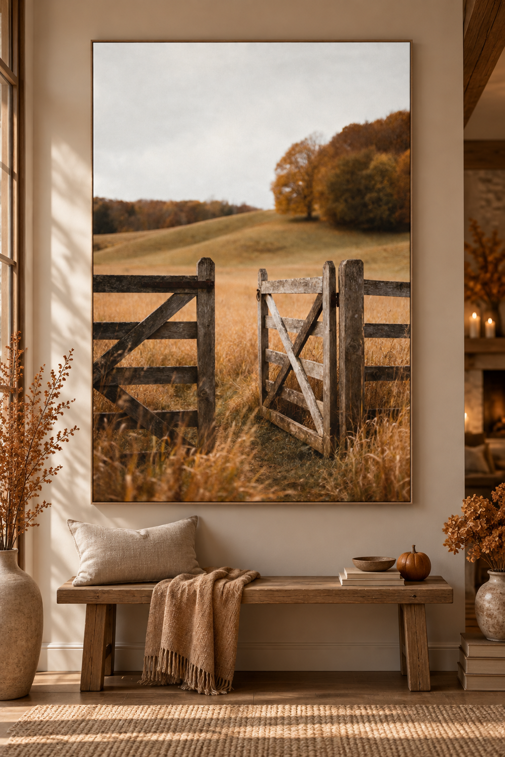 Autumn Countryside Wall Art: Wooden Gate Meadow Landscape Photography Printable