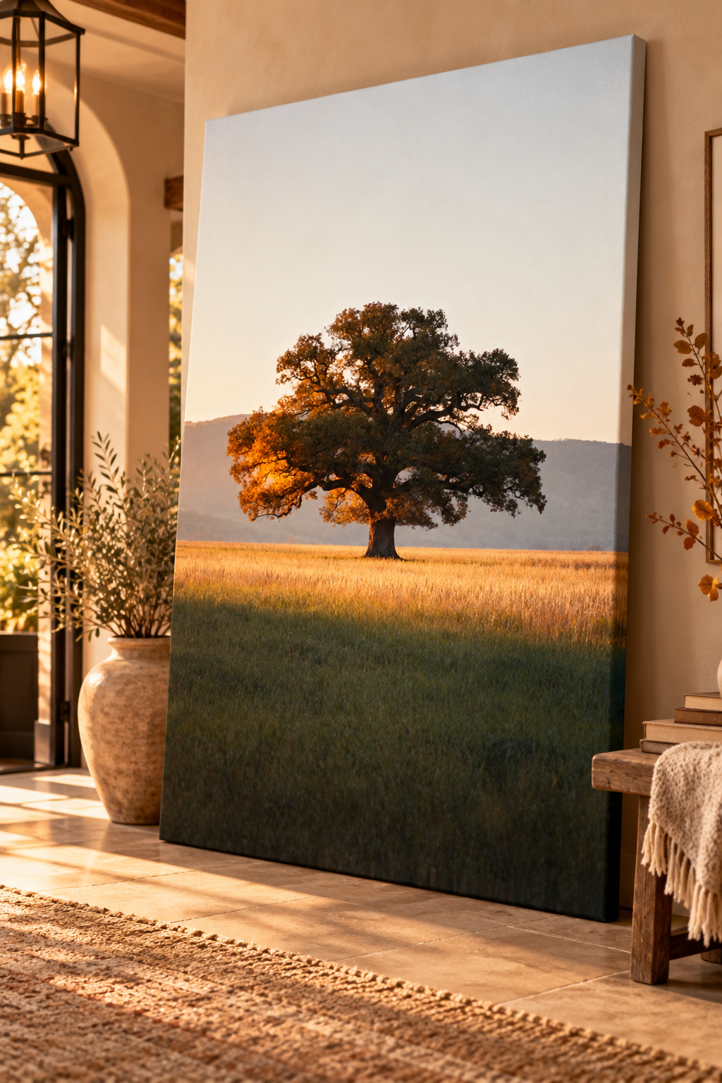 Oak Tree Wall Art: Autumn Countryside Landscape Photography, Golden Hour Nature Decor Printable