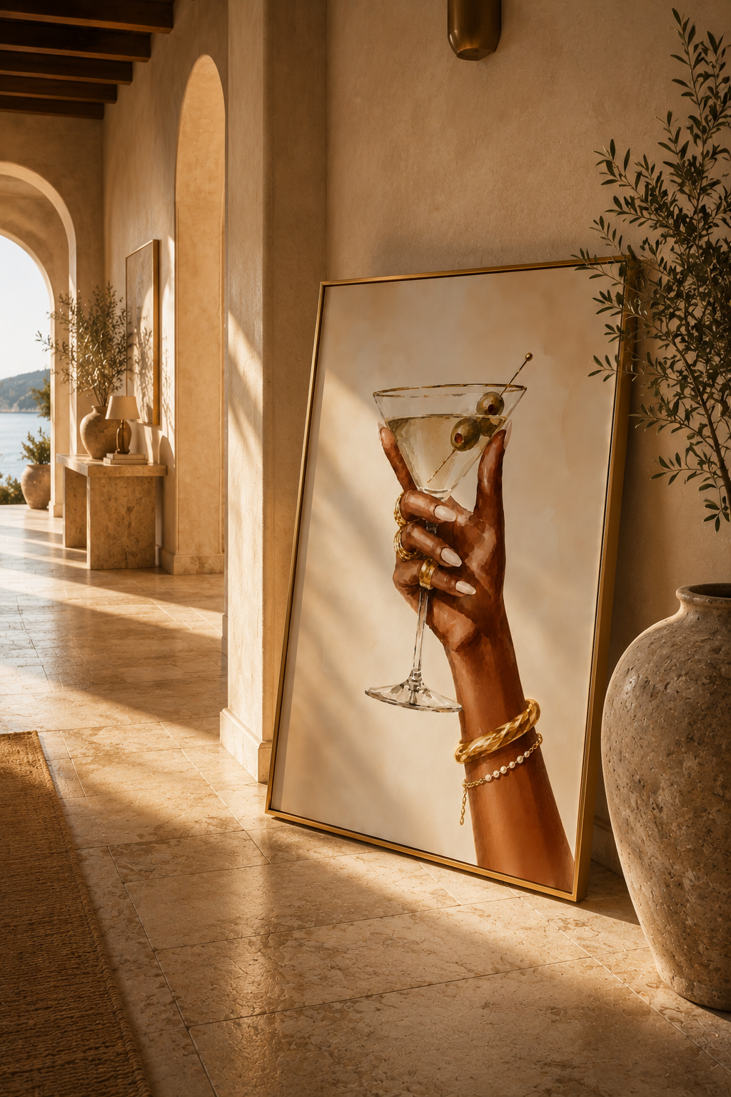 Martini Wall Art: Hand Holding Cocktail Glass, Feminine Bar Cart Decor, Chic Kitchen Printable