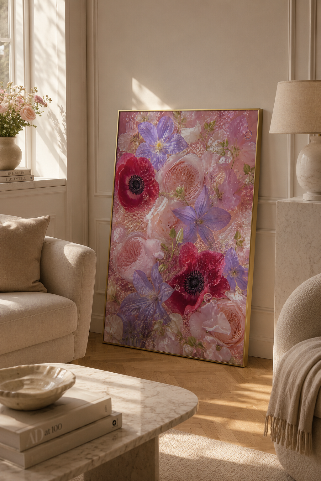 Pink Flower Wall Art: Romantic Anemone & Rose Photography, Feminine Bedroom Decor Printable