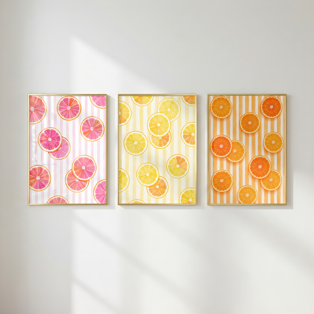 Striped Fruit Wall Art Set of 6: Mediterranean Kitchen Decor & Citrus Printable