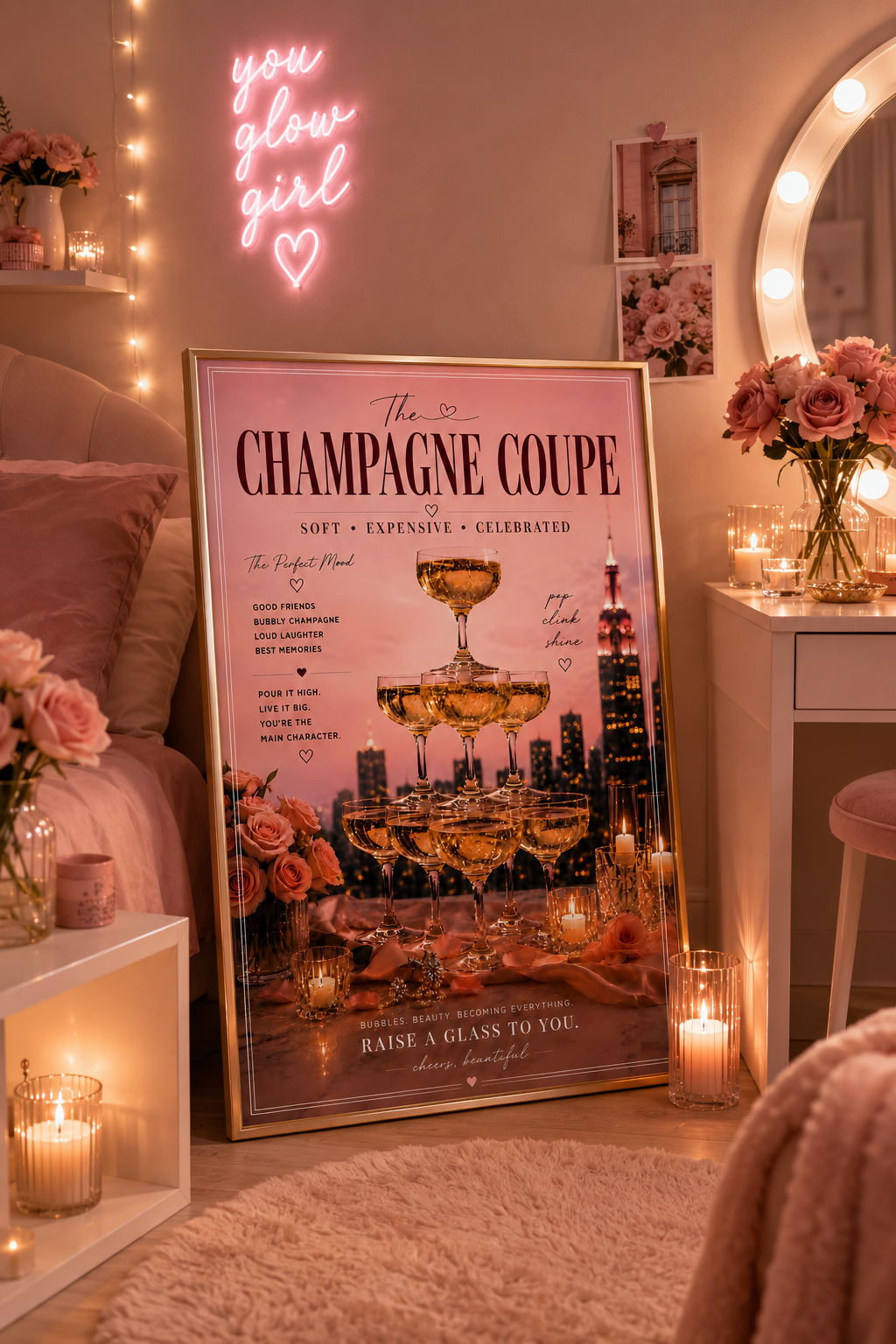 Pink Champagne Tower Cocktail Wall Art: Feminine Luxury Parisian Bar Cart Printable Poster