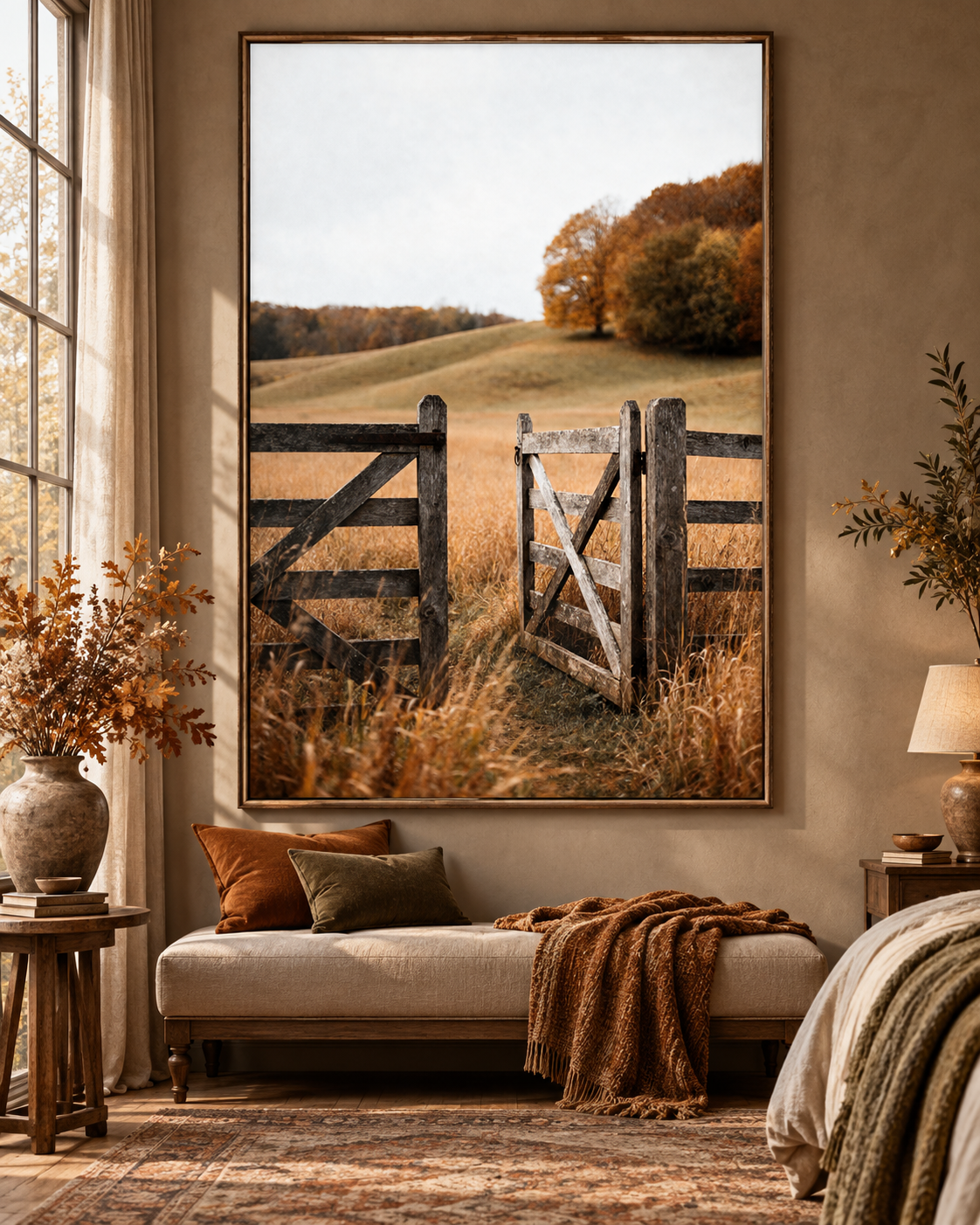 Autumn Countryside Wall Art: Wooden Gate Meadow Landscape Photography Printable
