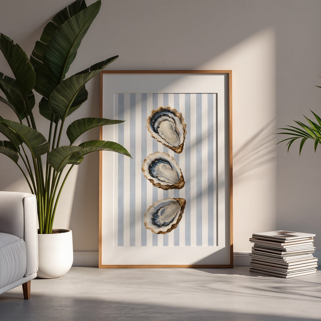 Oyster Wall Art: Coastal Mediterranean Beach House Decor, Blue Striped Printable
