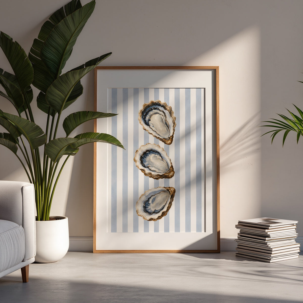 Oyster Wall Art: Coastal Mediterranean Beach House Decor, Blue Striped Printable