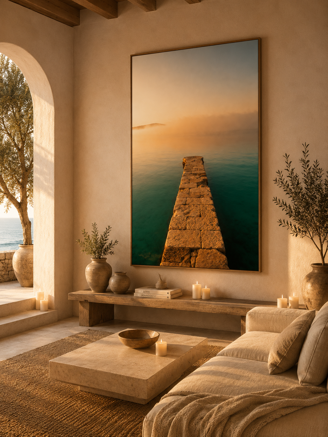 Mediterranean Coastal Wall Art: Stone Pier Bathroom Decor Printable