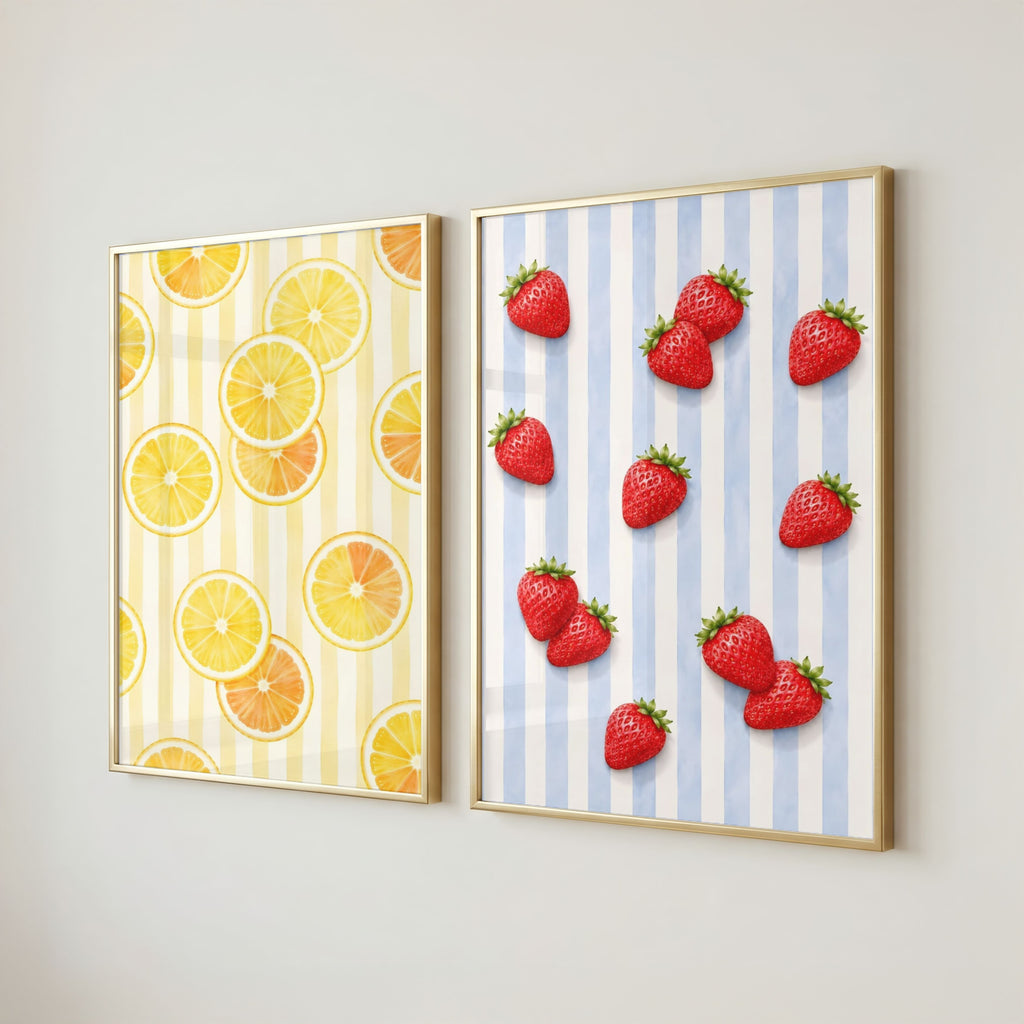 Striped Fruit Wall Art Set of 6: Mediterranean Kitchen Decor & Citrus Printable