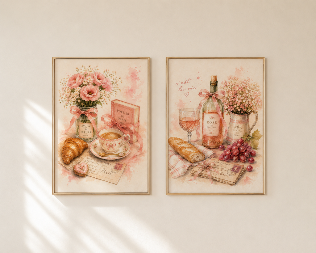 Parisian Romance Wall Art Set of 4: Feminine French Café Printable Collection