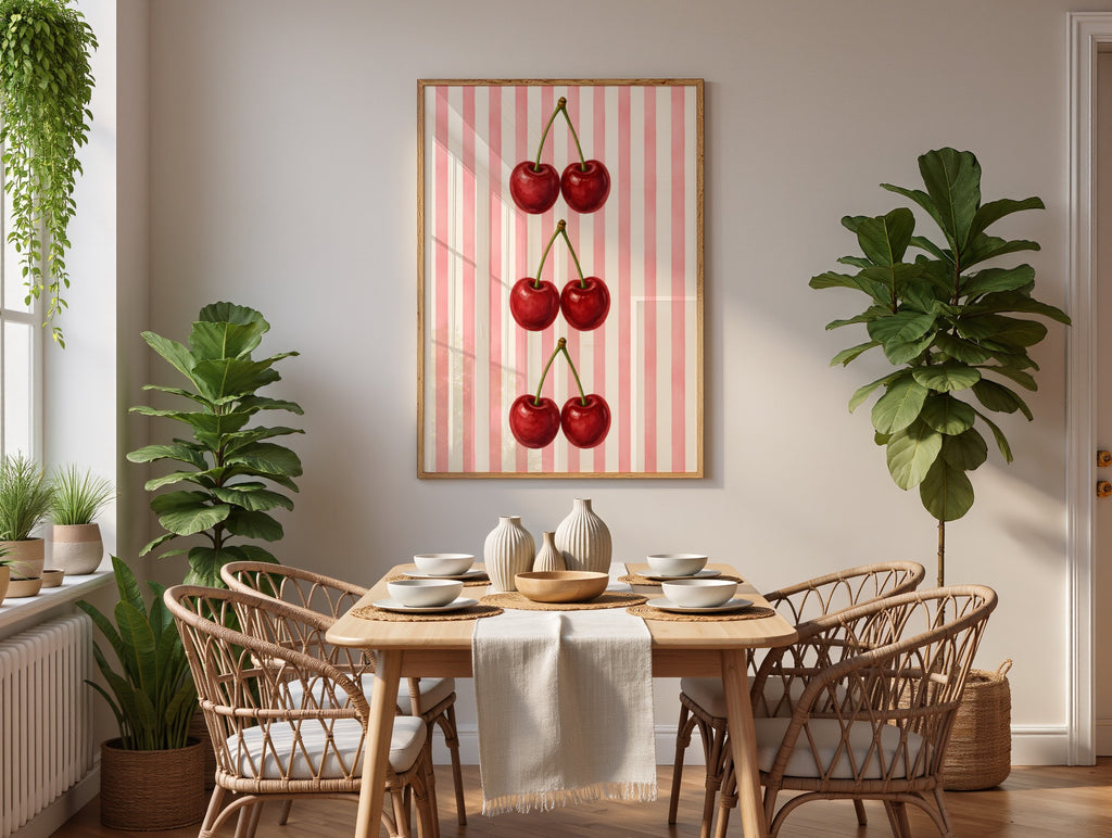 Striped Fruit Wall Art Set of 6: Colorful Modern Kitchen Decor, Lemon Cherry Printable