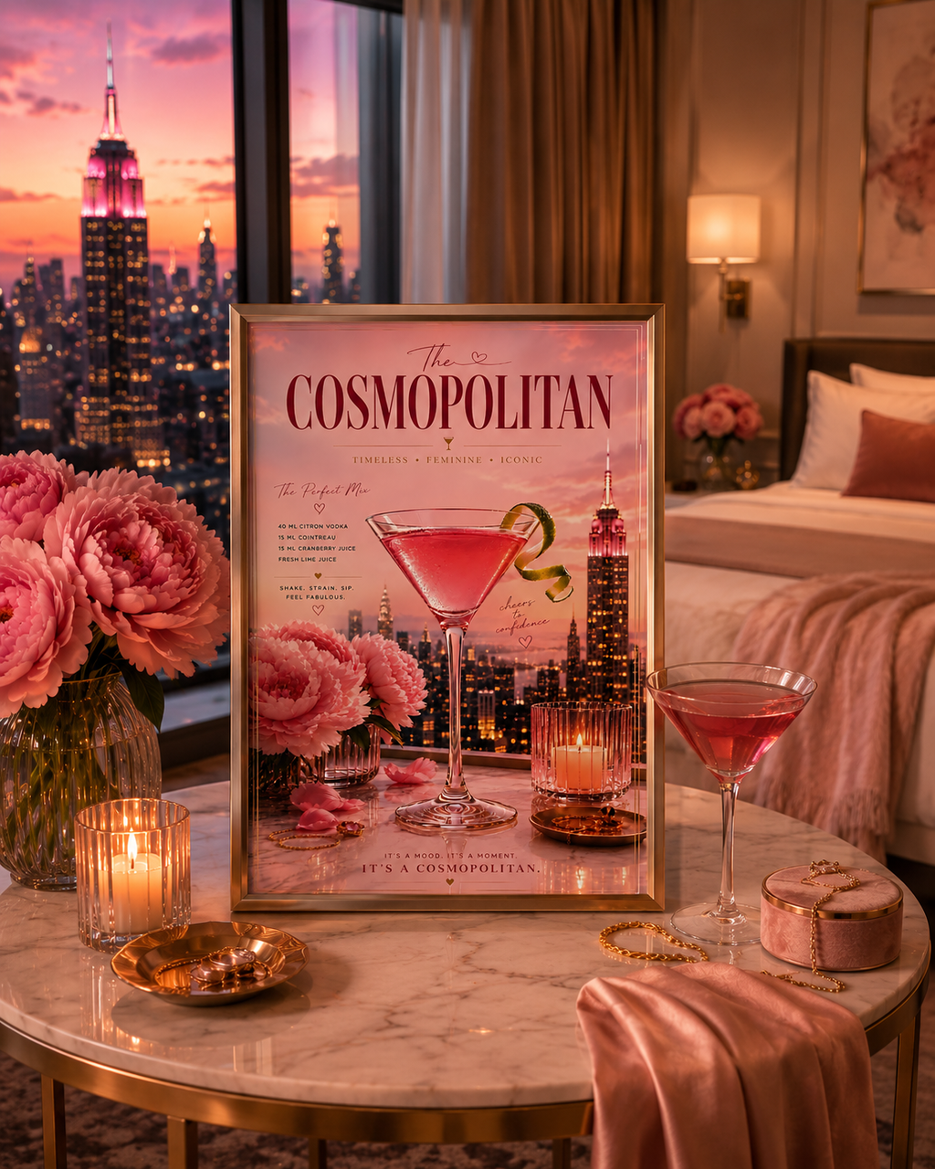 Pink Cosmopolitan Cocktail Wall Art: Feminine Luxury Apartment Printable Poster