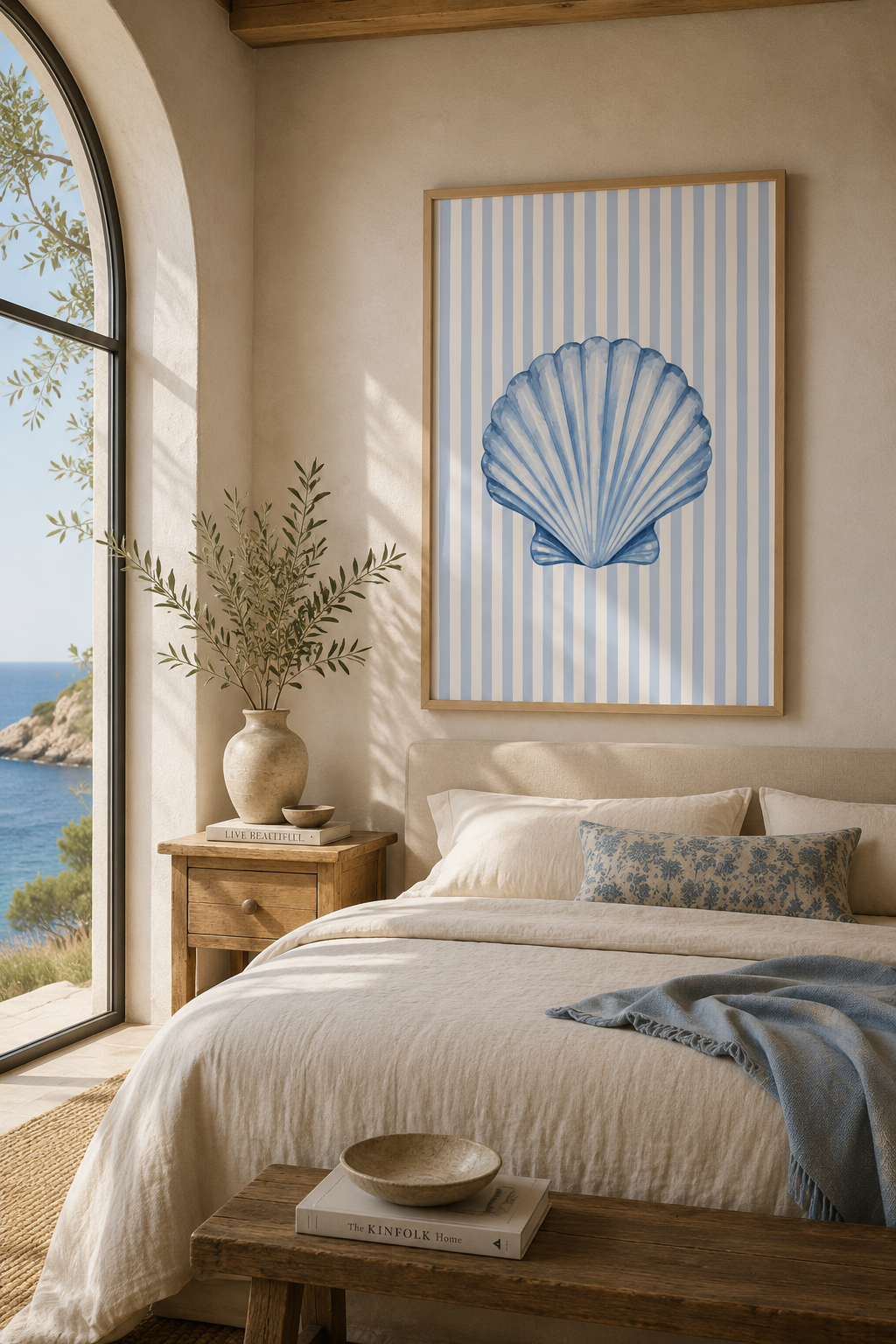 Coastal Seashell Wall Art Printable: Blue Striped Beach House Decor