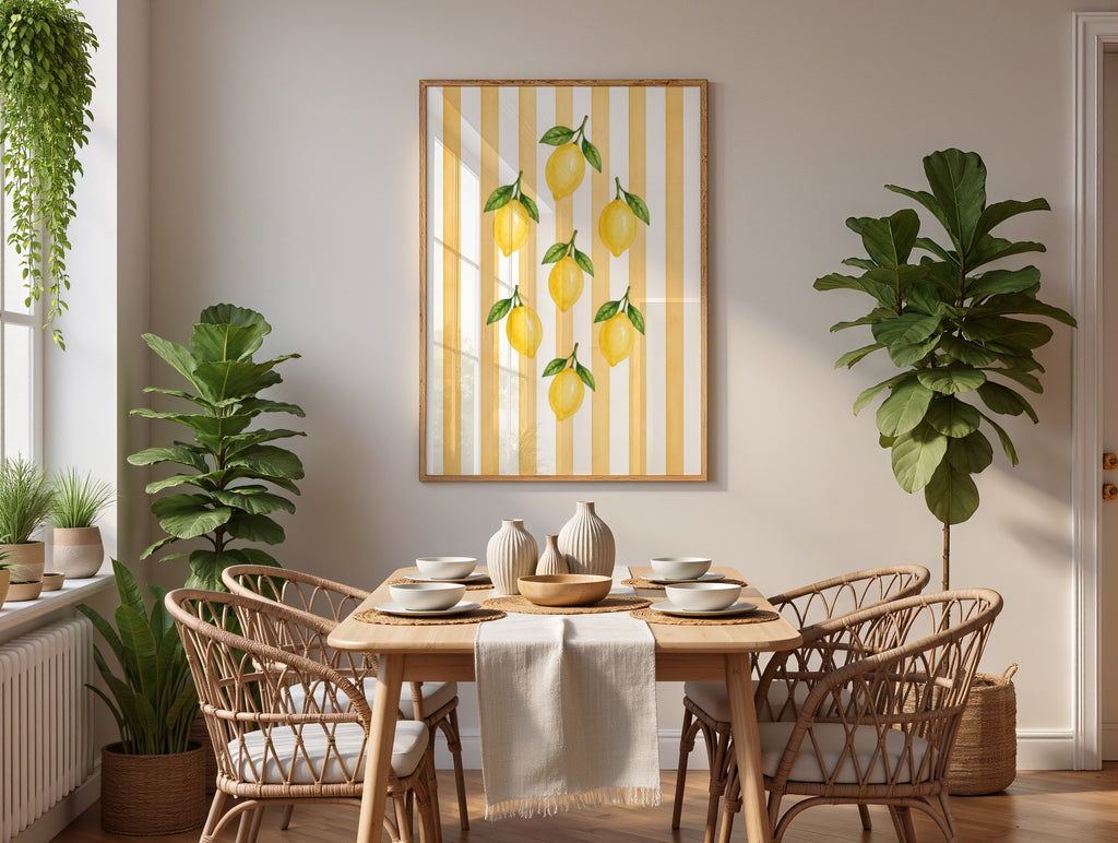 Striped Fruit Wall Art Set of 8: Colorful Kitchen Fruit Decor, Lemon Strawberry Cherry Printable