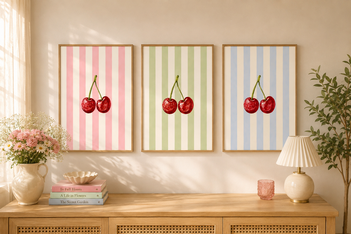 Cherry Wall Art Set of 3: Pastel Striped Bedroom Decor, Coquette Printable