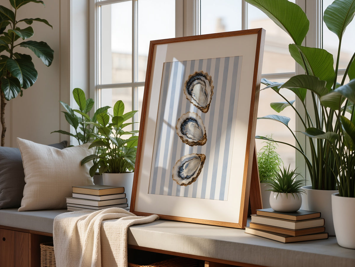 Oyster Wall Art: Coastal Mediterranean Beach House Decor, Blue Striped Printable