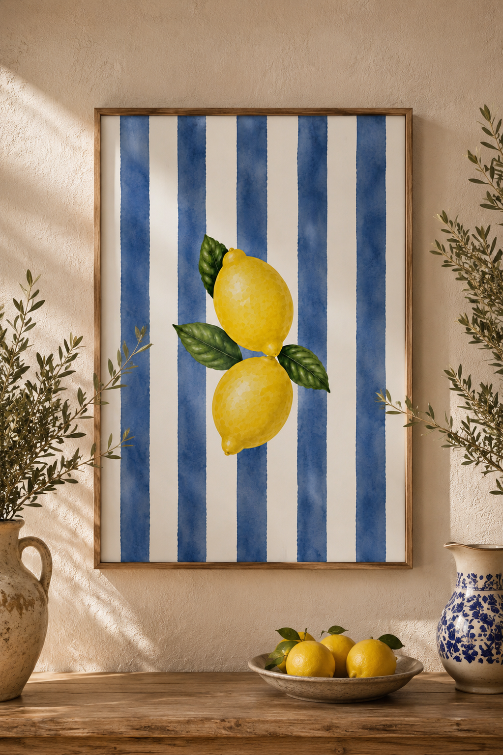 Lemon Wall Art: Blue Striped Citrus Art, Mediterranean Decor, Dining Room Printable