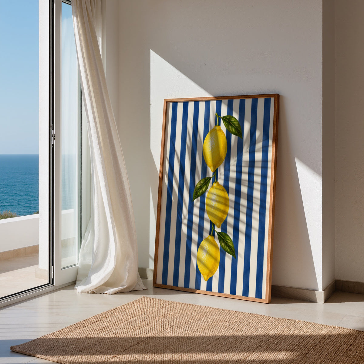 Lemon Wall Art: Mediterranean Italian Kitchen Decor, Blue Striped Printable