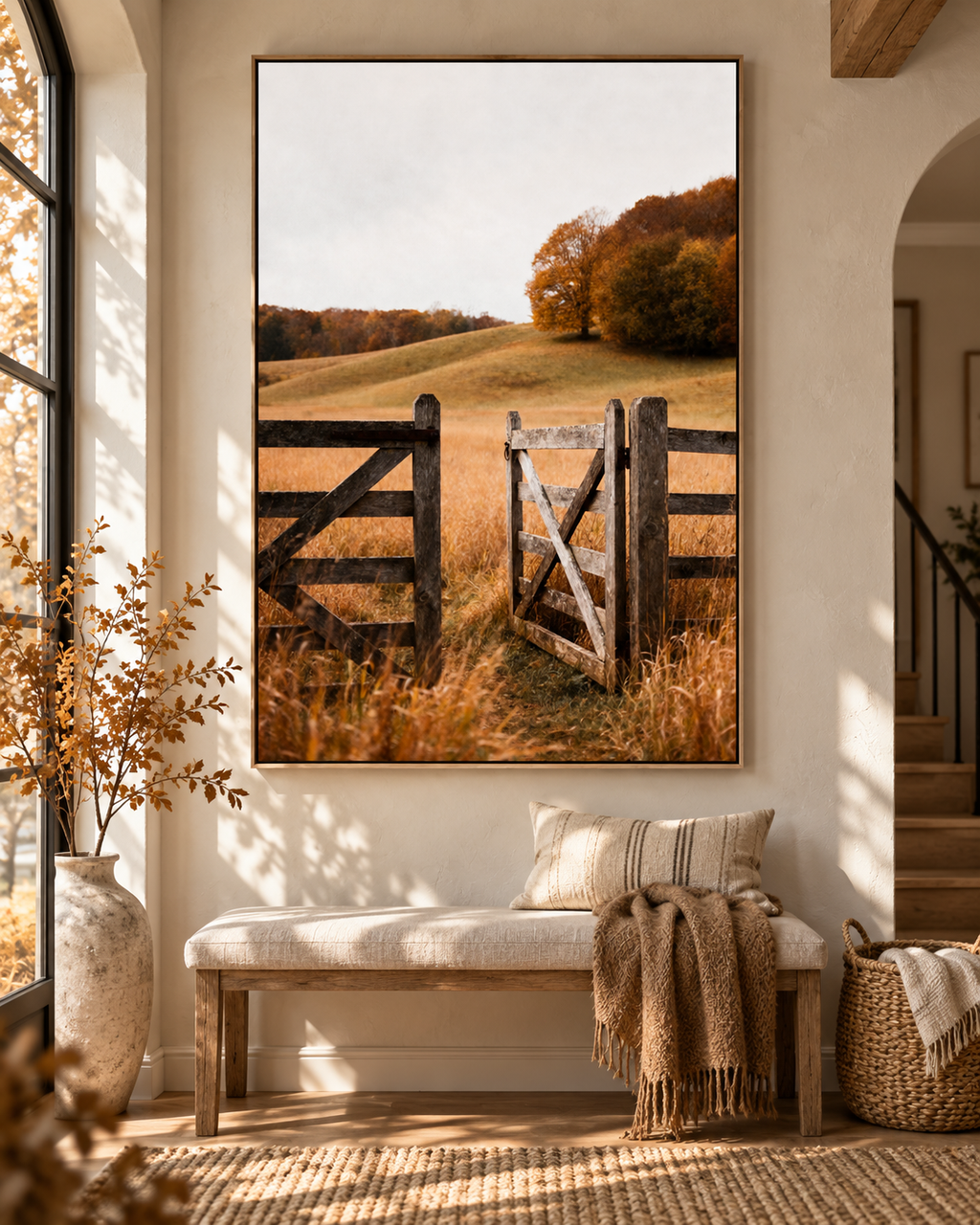 Autumn Countryside Wall Art: Wooden Gate Meadow Landscape Photography Printable