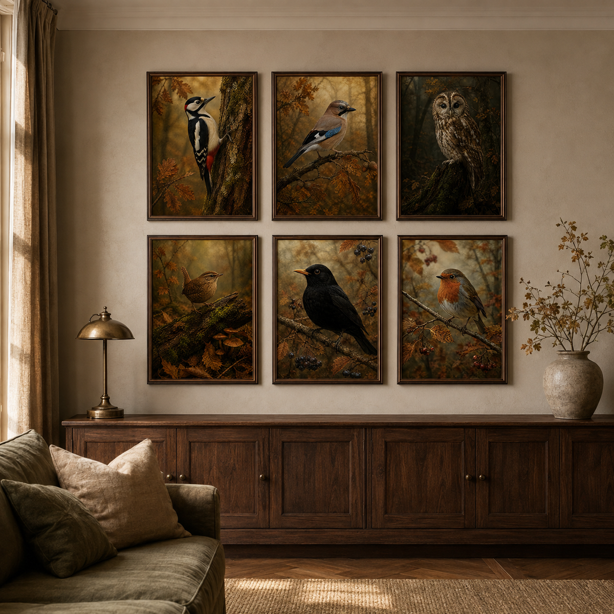 Fall Bird Wall Art Set of 6: Moody Woodland Printable
