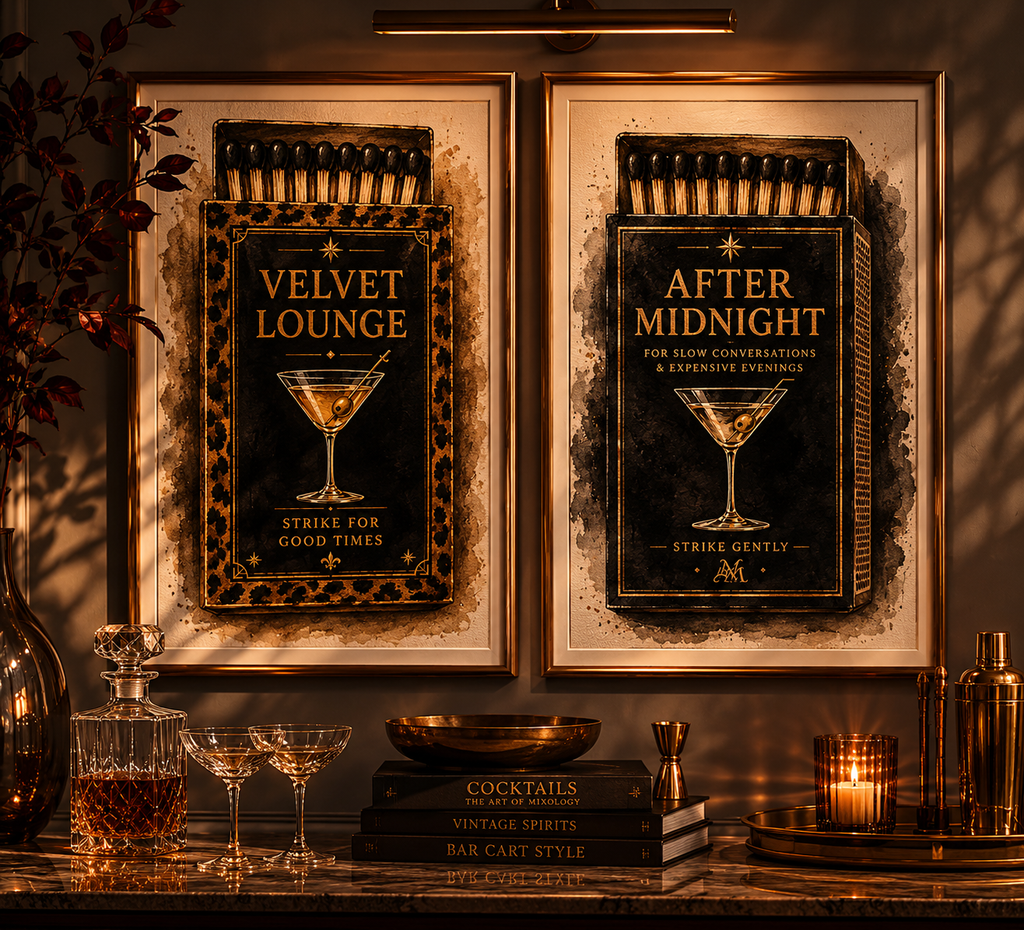 Vintage Cocktail Matchbox Wall Art Set of 5: Dark Feminine Luxury Printable Decor Collection