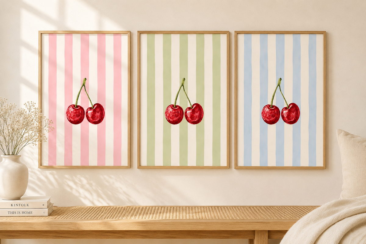 Cherry Wall Art Set of 3: Pastel Striped Bedroom Decor, Coquette Printable