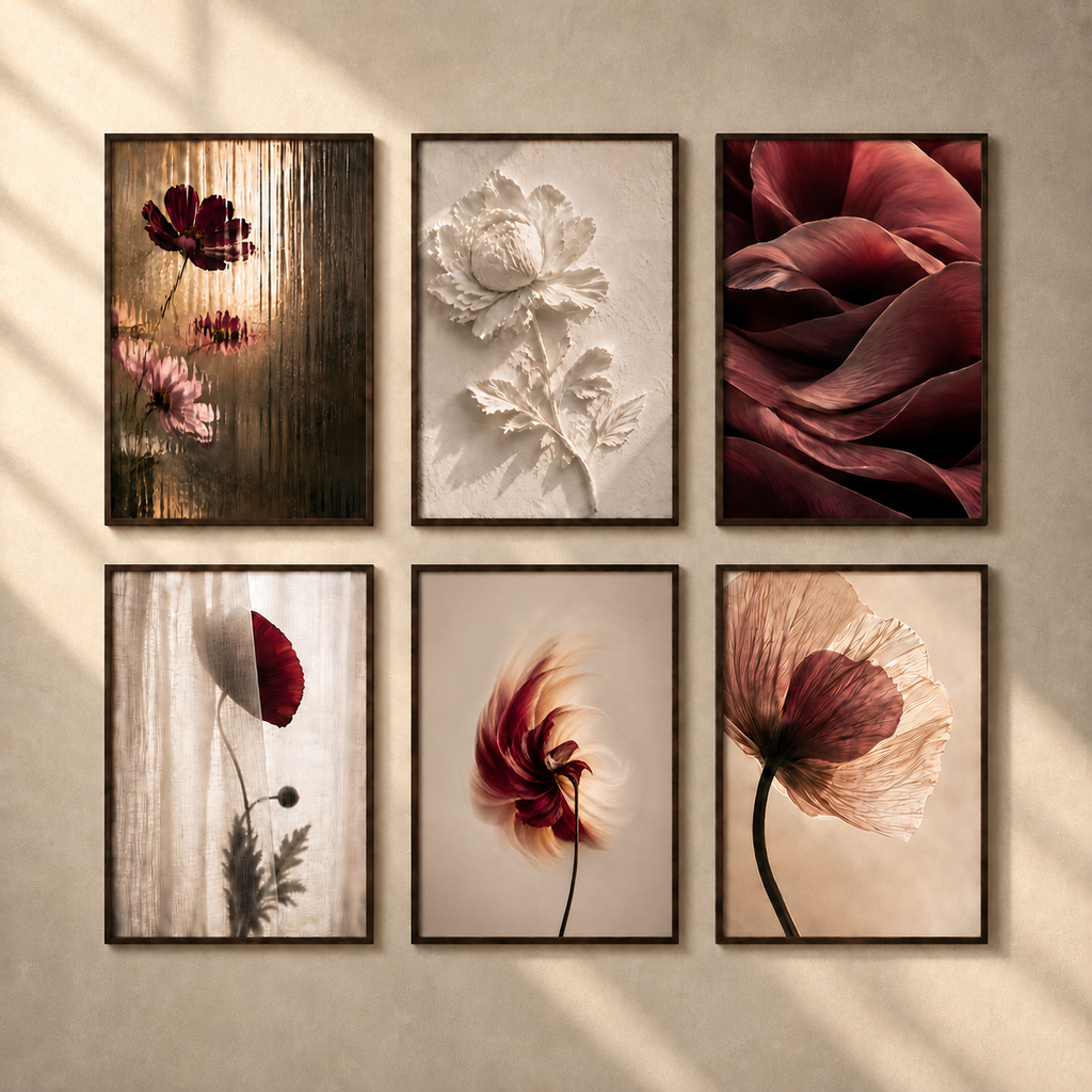 Burgundy Flower Wall Art Set of 6: Modern Botanical Living Room Decor Printable
