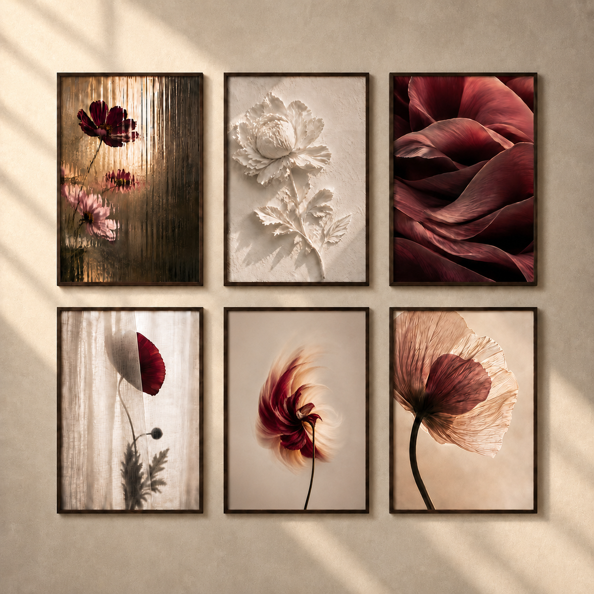 Burgundy Flower Wall Art Set of 6: Modern Botanical Living Room Decor Printable