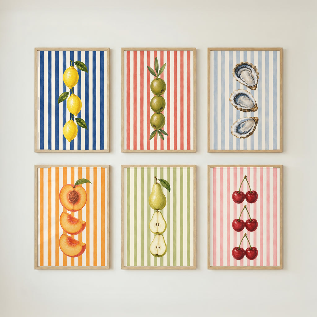 Striped Fruit Wall Art Set of 6: Colorful Modern Kitchen Decor, Lemon Cherry Printable