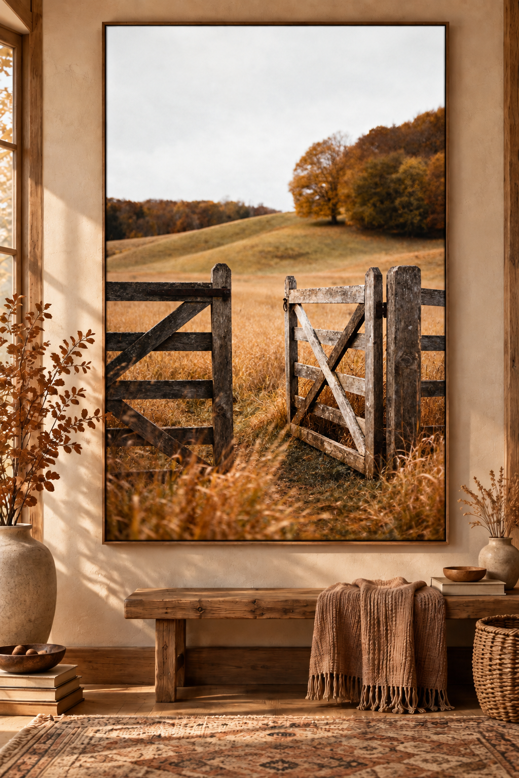 Autumn Countryside Wall Art: Wooden Gate Meadow Landscape Photography Printable