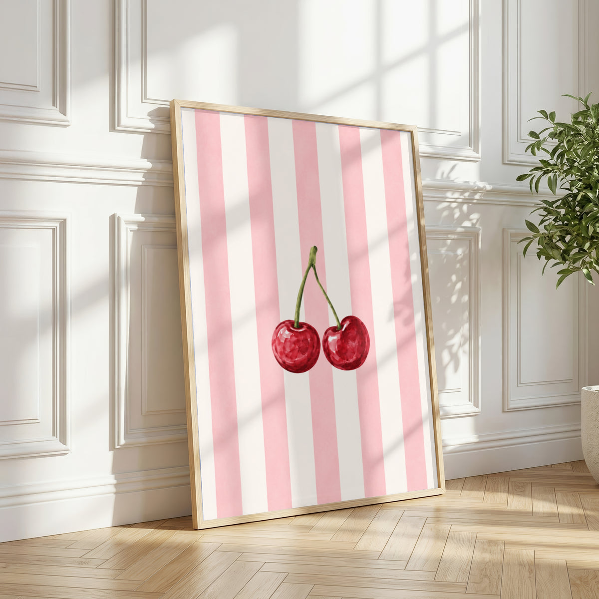 Cherry Wall Art Set of 3: Pastel Striped Bedroom Decor, Coquette Printable
