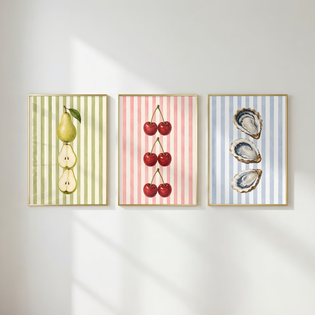 Striped Fruit Wall Art Set of 6: Colorful Modern Kitchen Decor, Lemon Cherry Printable