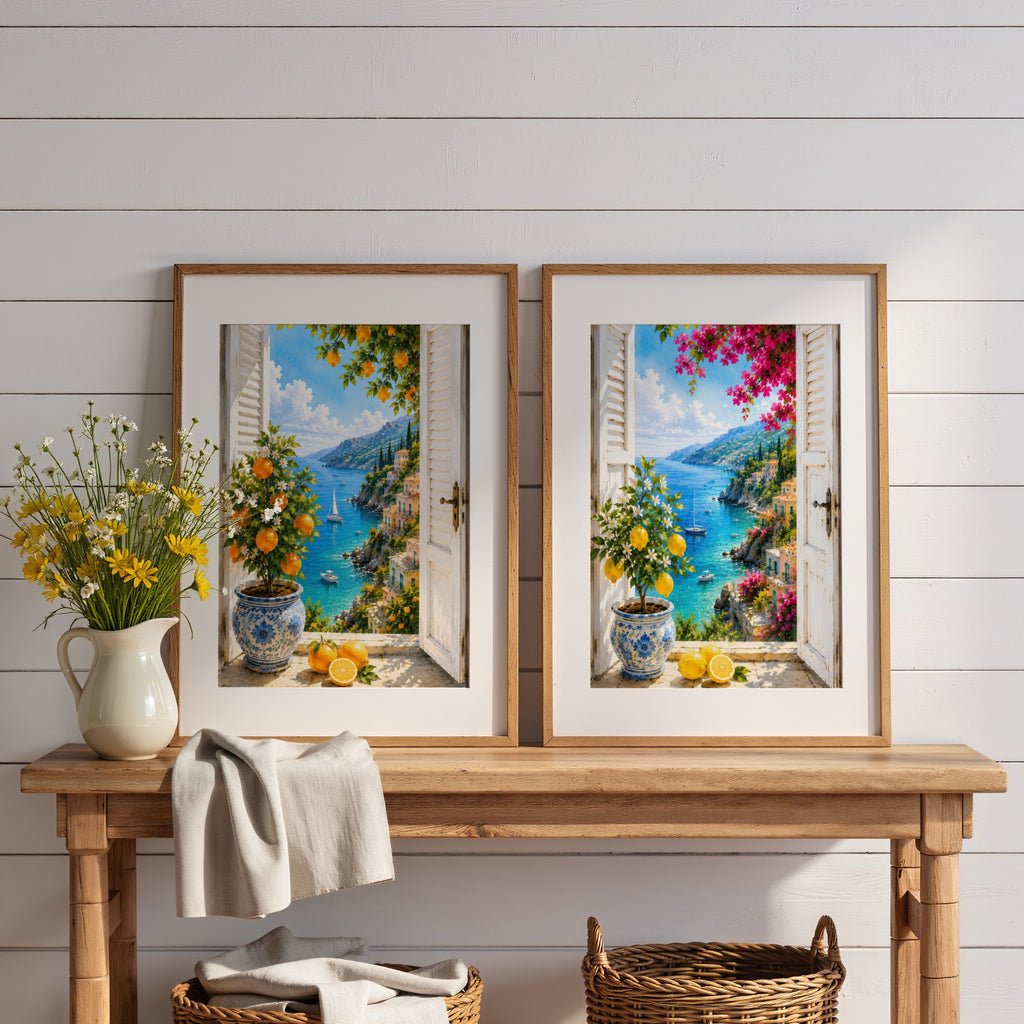 Mediterranean Window Wall Art Set of 3: Amalfi Coast Lemon Trees & Coastal Views Printable