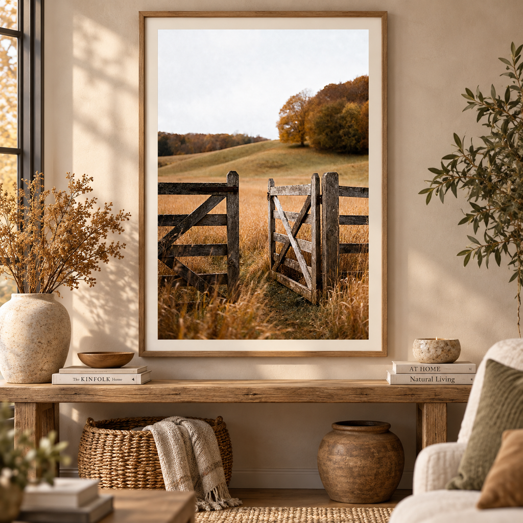 Autumn Countryside Wall Art: Wooden Gate Meadow Landscape Photography Printable