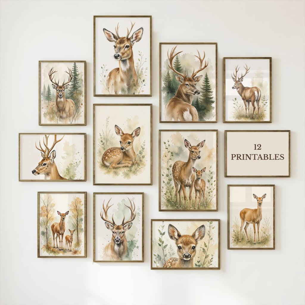 Deer Nursery Wall Art Set of 12: Woodland Animals & Neutral Kids Room Decor Printable