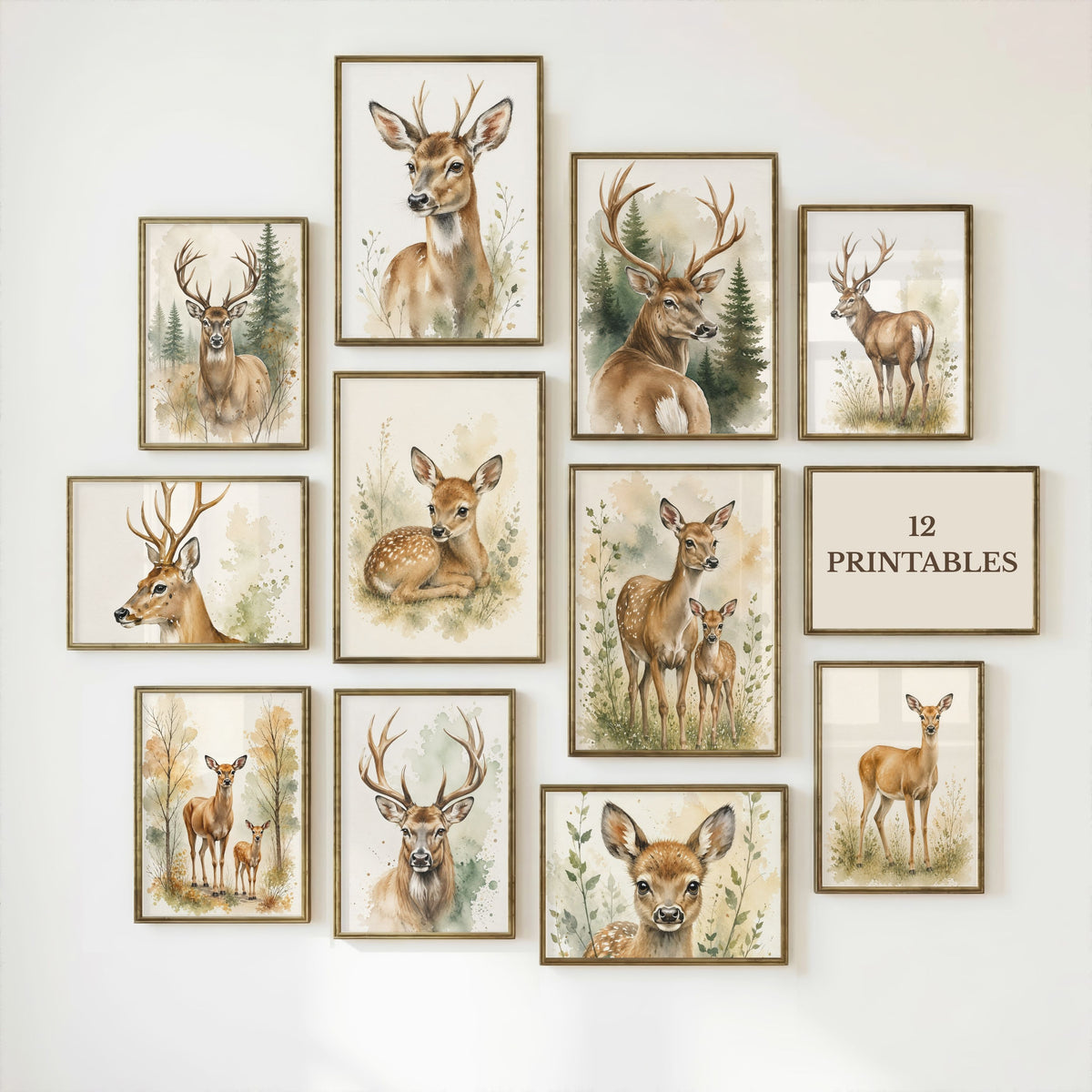 Deer Nursery Wall Art Set of 12: Woodland Animals & Neutral Kids Room Decor Printable