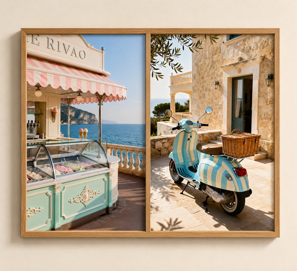 Italian Riviera Wall Art Set of 2: Vintage Scooter & Coastal Photography Printable