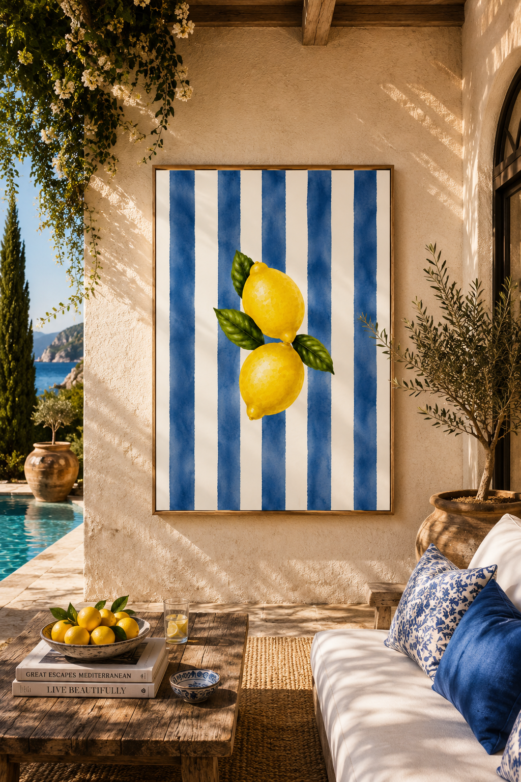 Lemon Wall Art: Blue Striped Citrus Art, Mediterranean Decor, Dining Room Printable
