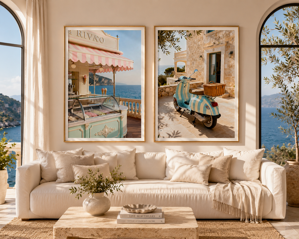 Italian Riviera Wall Art Set of 2: Vintage Scooter & Coastal Photography Printable