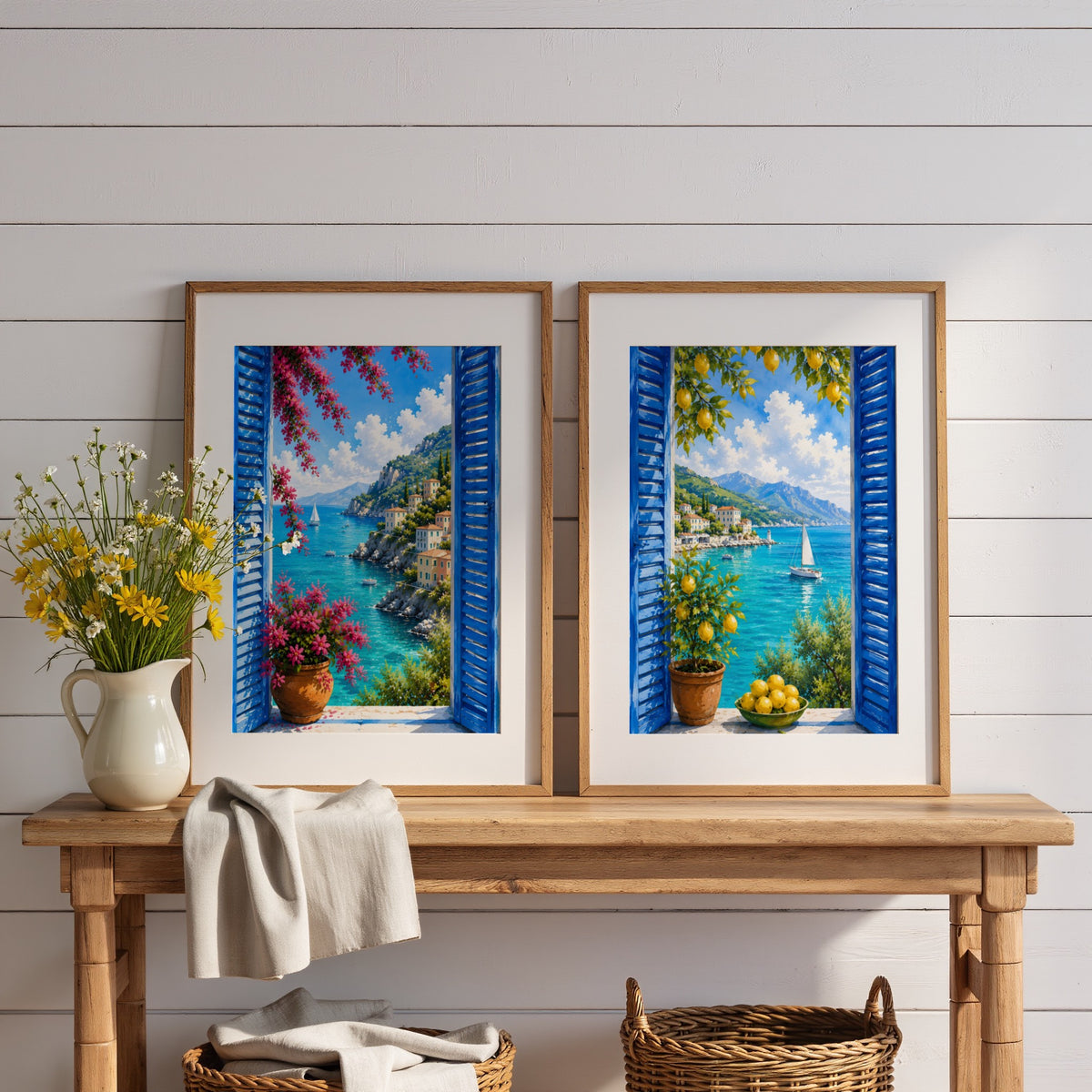 Mediterranean Window Wall Art Set of 3: Blue Shutters, Lemon Trees & Coastal Views Printable