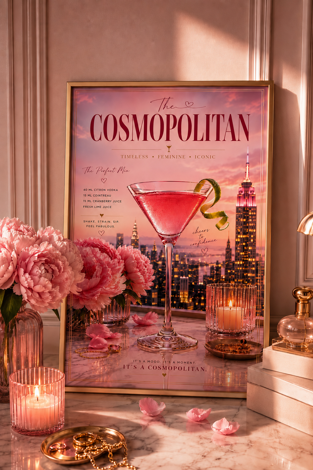 Pink Cosmopolitan Cocktail Wall Art: Feminine Luxury Apartment Printable Poster
