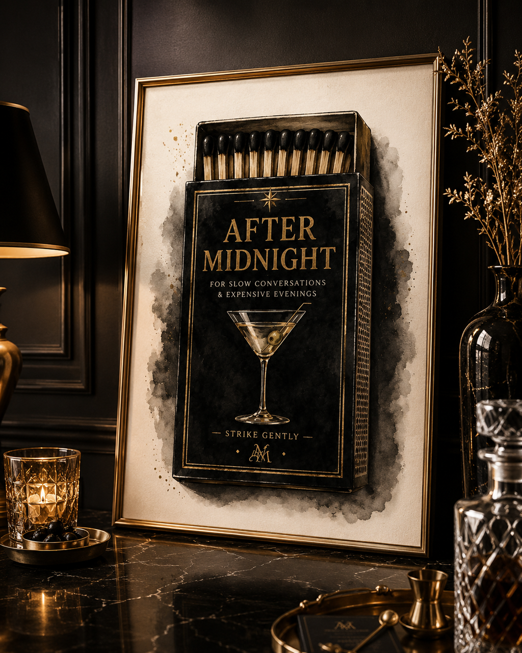Vintage Martini Matchbox Wall Art Set of 2: Moody Cocktail Lounge Printable