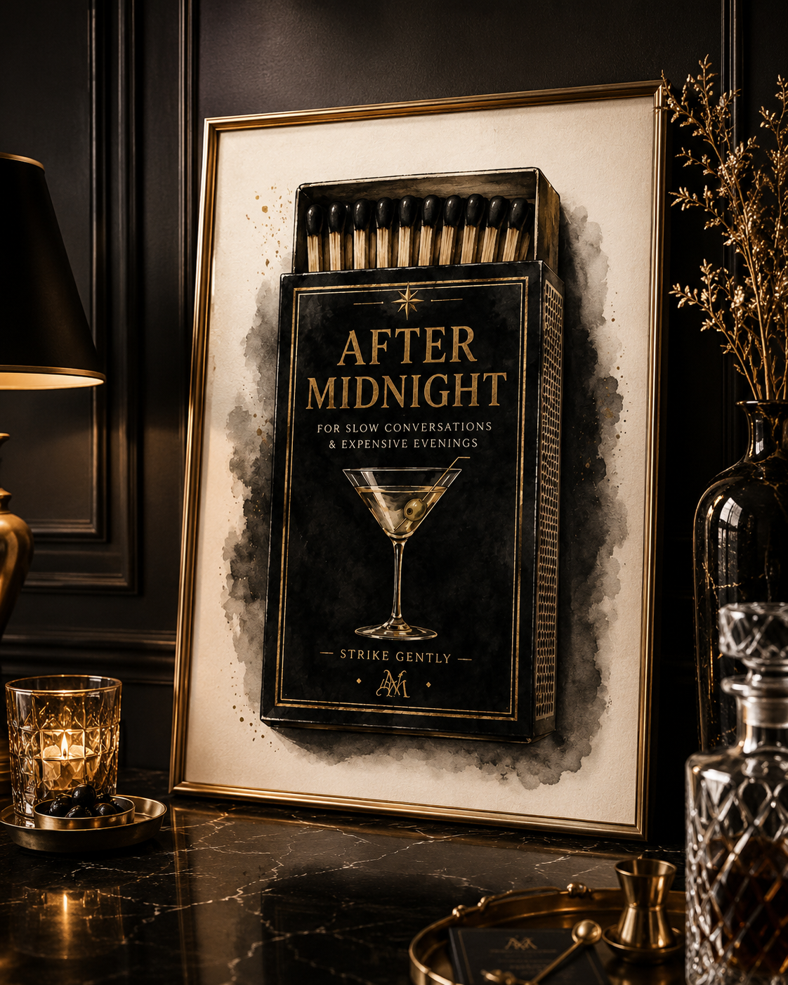 Vintage Martini Matchbox Wall Art Set of 2: Moody Cocktail Lounge Printable